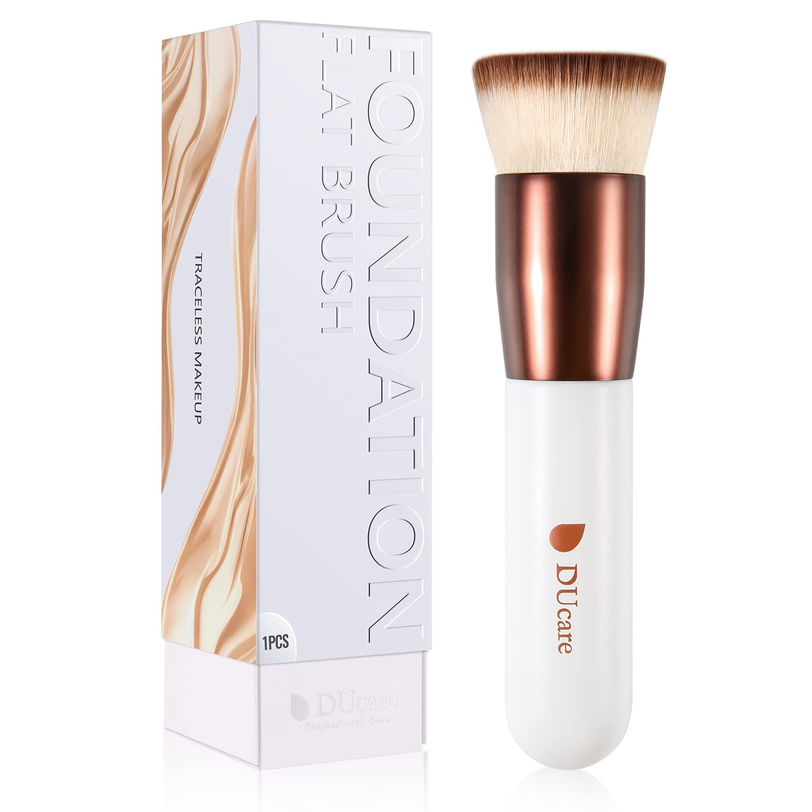 DUcare Professional Liquid Blending Foundation Brush, Flat Top Kabuki Brush for Mineral Powder Buffing, Rose Golden/Whit