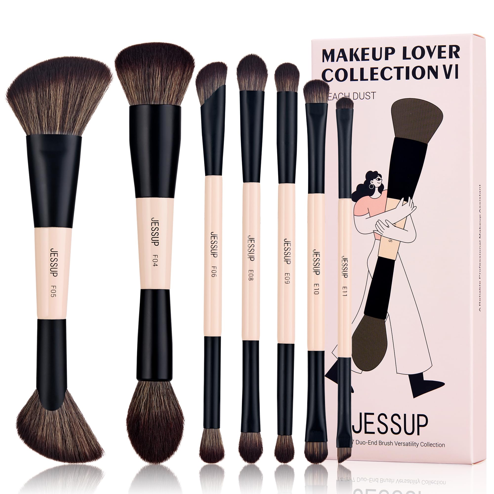 Jessup Cruelty-Free 7pcs Double Sided Makeup Brushes Peach Dust T600 Foundation Concealer Blush Eyeshadow Contour Bronze